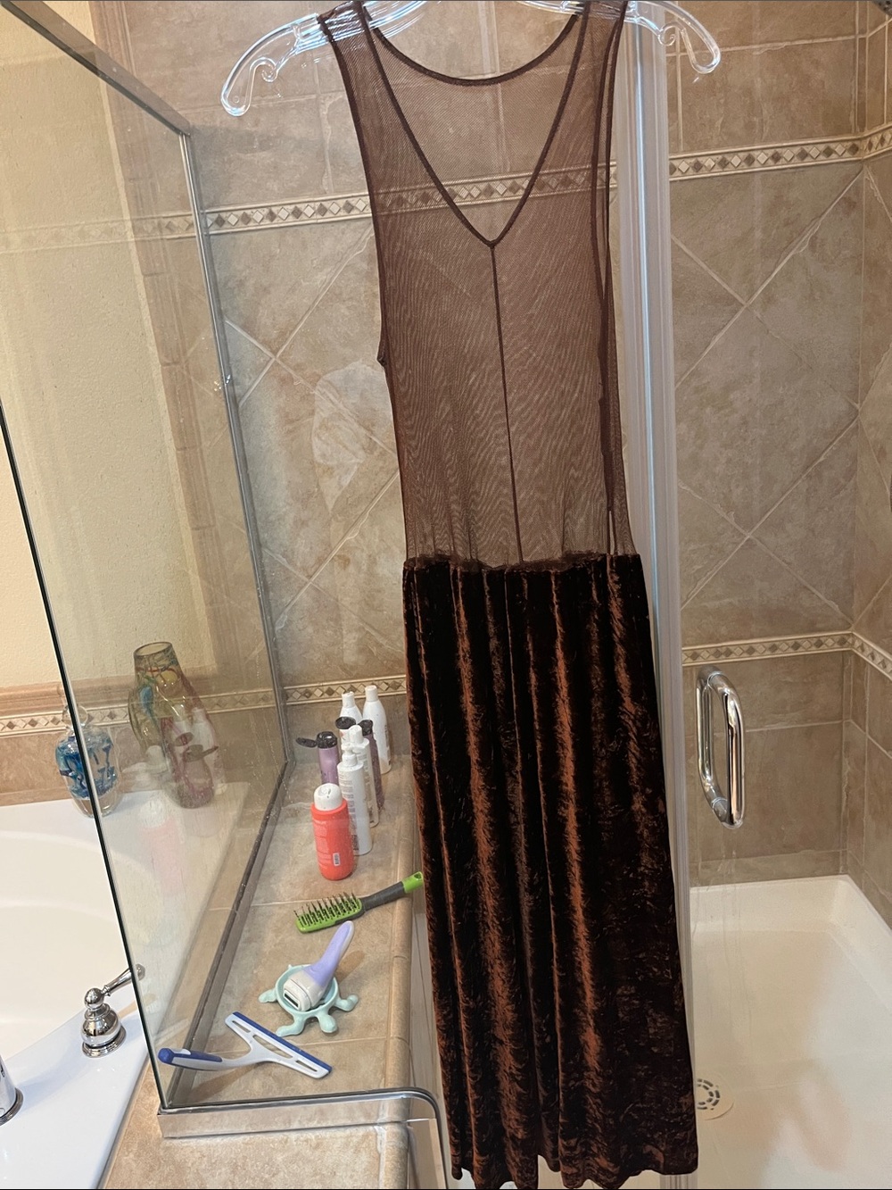 Brown Sheer Mesh & Velvet Slip Dress - Women Intimates & Sleepwear VINTAGE